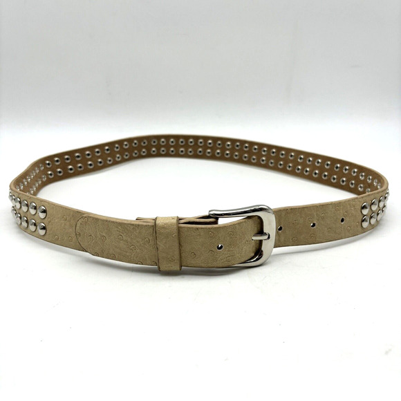 NEW Handmade Beige Ostrich Quill Leather 2 Row Cone Studs Belt Size M 33-37\